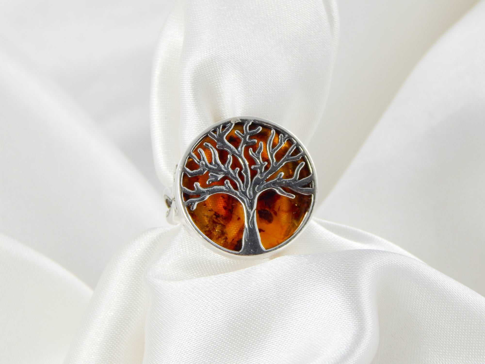 Natural Baltic Cognac Amber Tree of Life Adjustable Ring