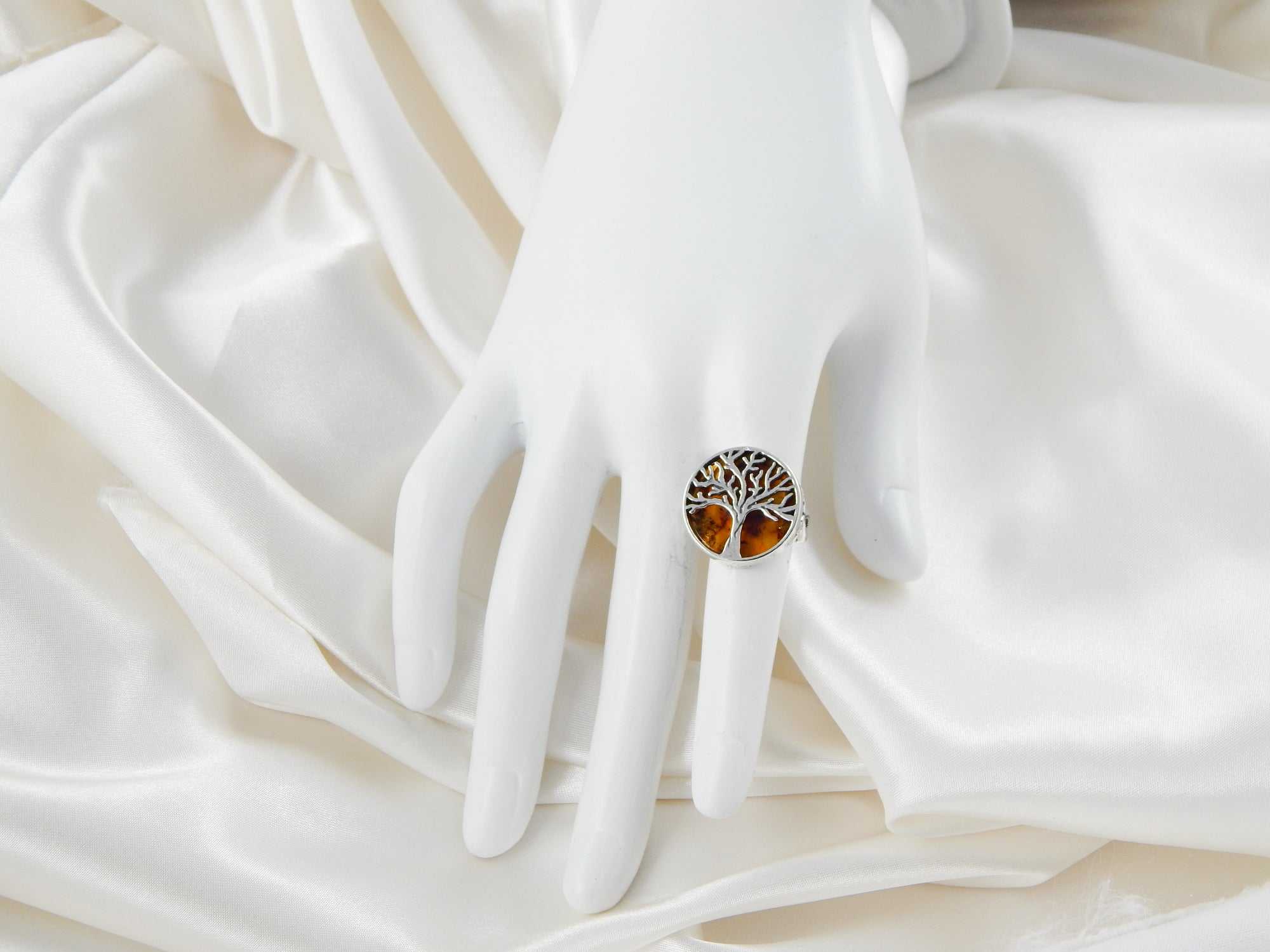 Natural Baltic Cognac Amber Tree of Life Adjustable Ring