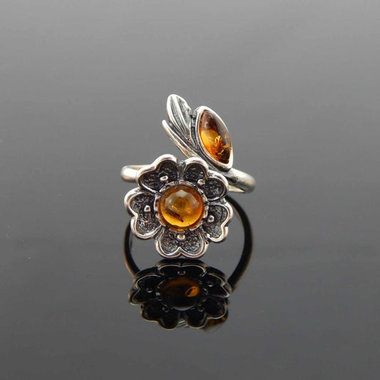 Natural Baltic Cognac Amber Adjustable Flower Ring