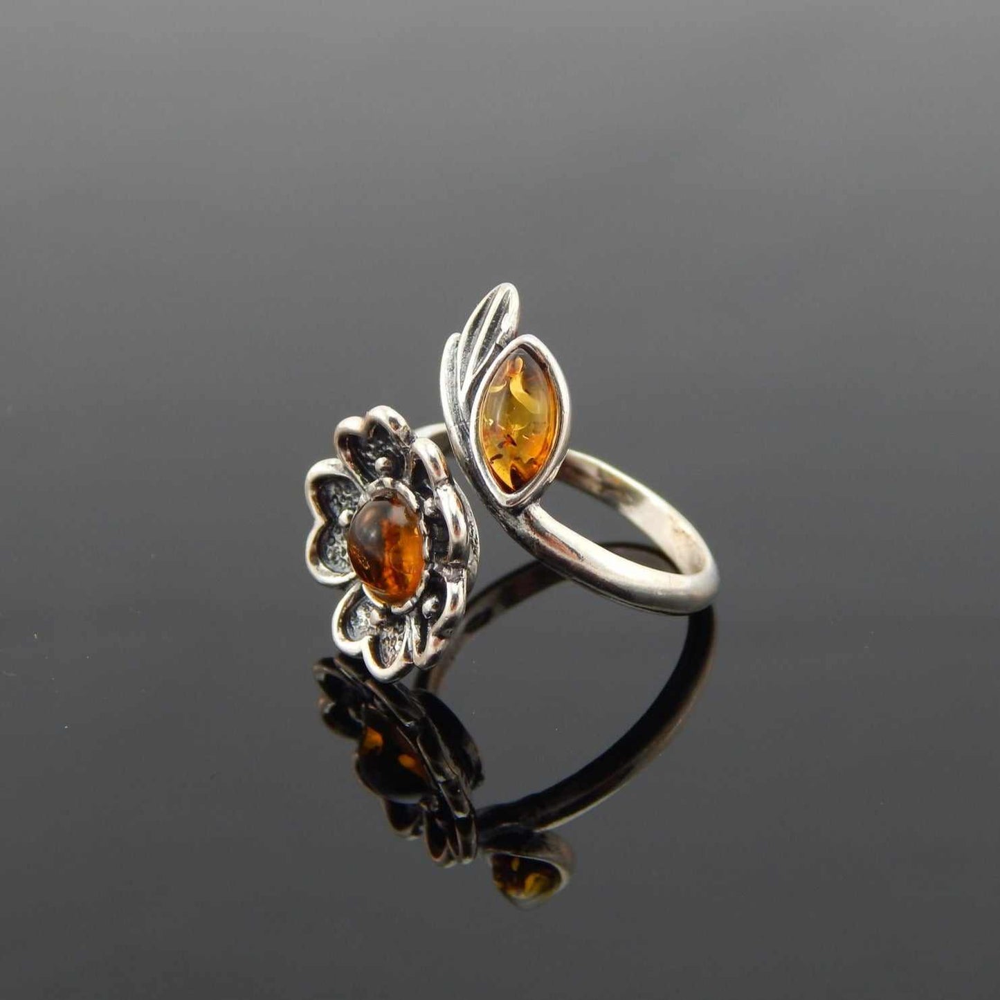 Natural Baltic Cognac Amber Adjustable Flower Ring