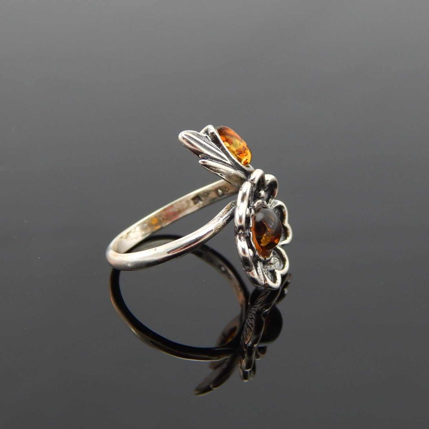 Natural Baltic Cognac Amber Adjustable Flower Ring