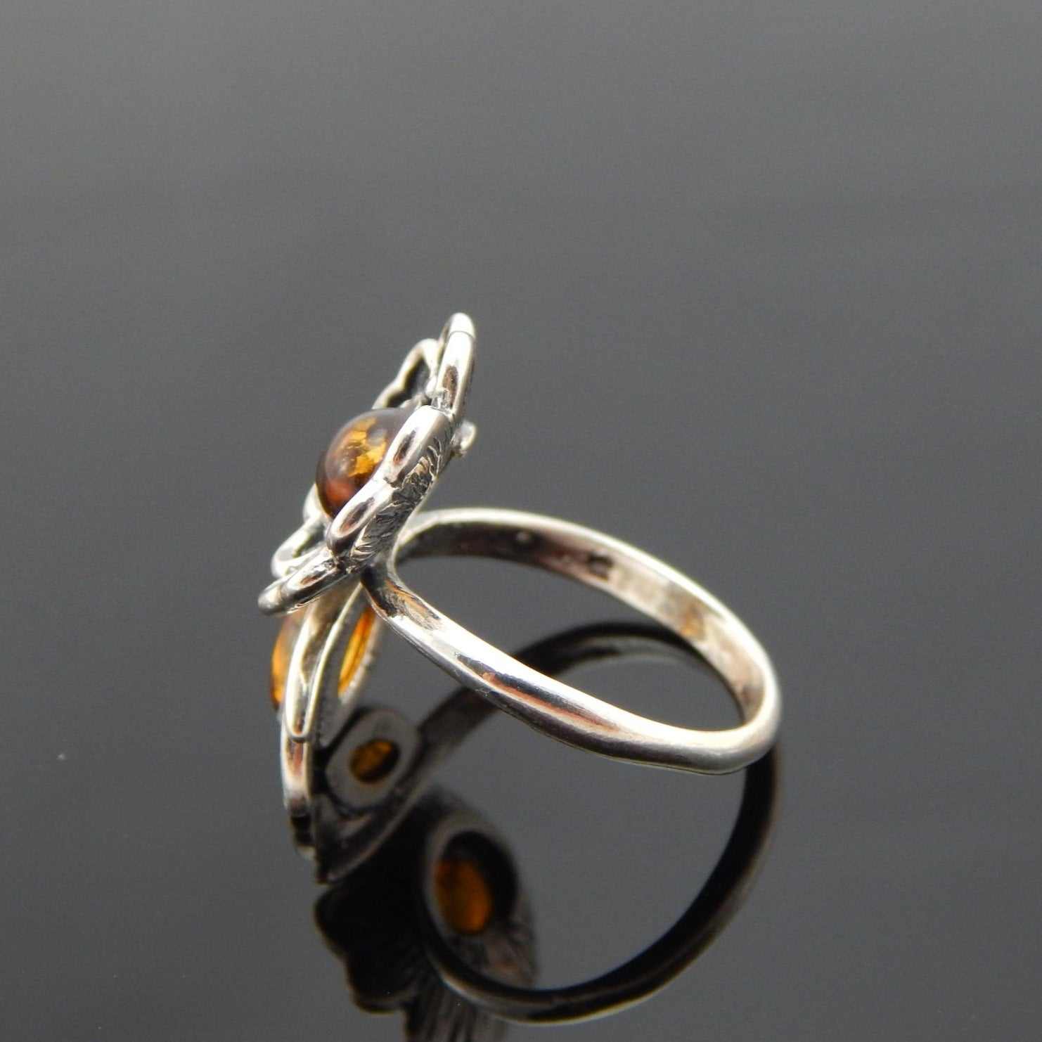 Natural Baltic Cognac Amber Adjustable Flower Ring