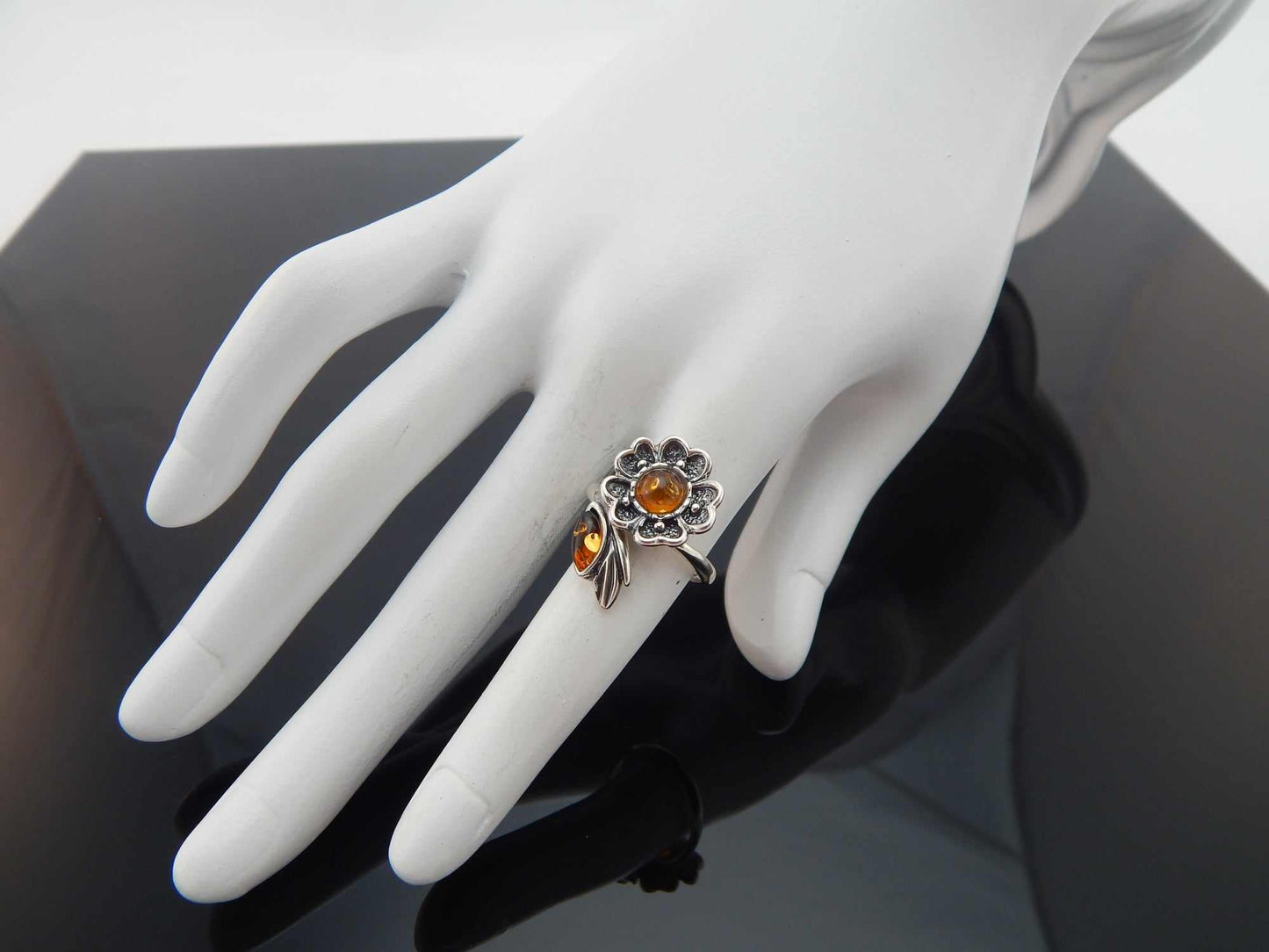 Natural Baltic Cognac Amber Adjustable Flower Ring