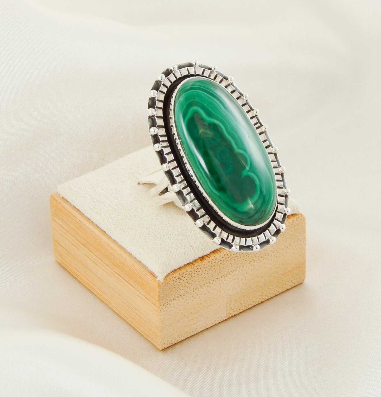 Genuine Malachite Oval Cut Statement Ring in 925 Sterling Silver