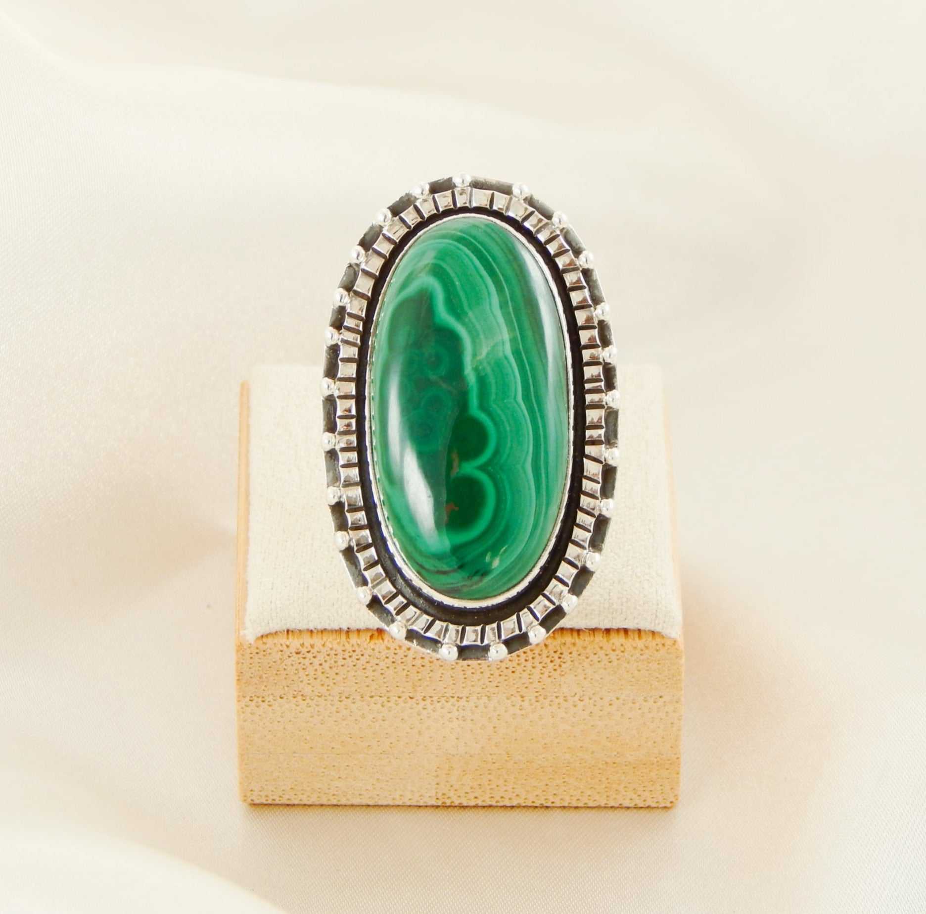 Genuine Malachite Oval Cut Statement Ring in 925 Sterling Silver