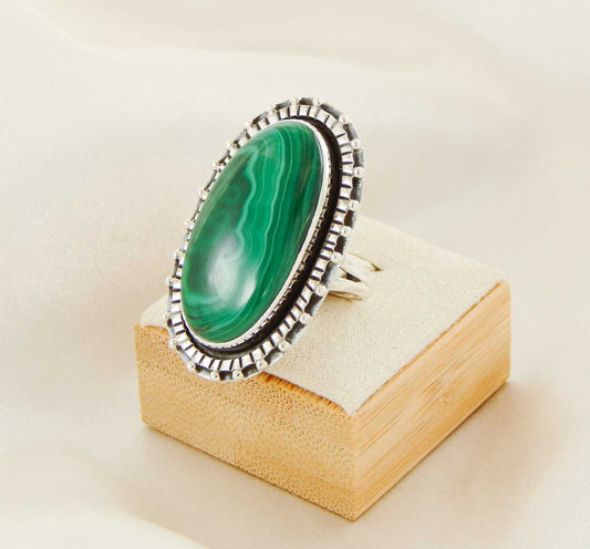 Genuine Malachite Oval Cut Statement Ring in 925 Sterling Silver