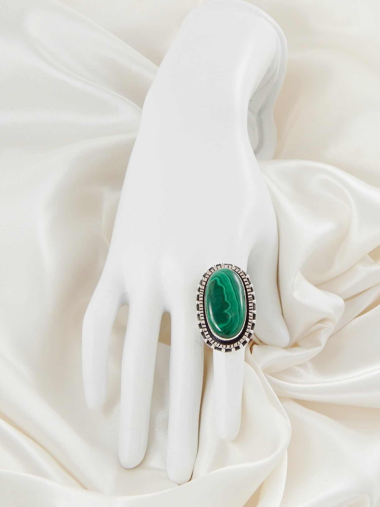 Genuine Malachite Oval Cut Statement Ring in 925 Sterling Silver