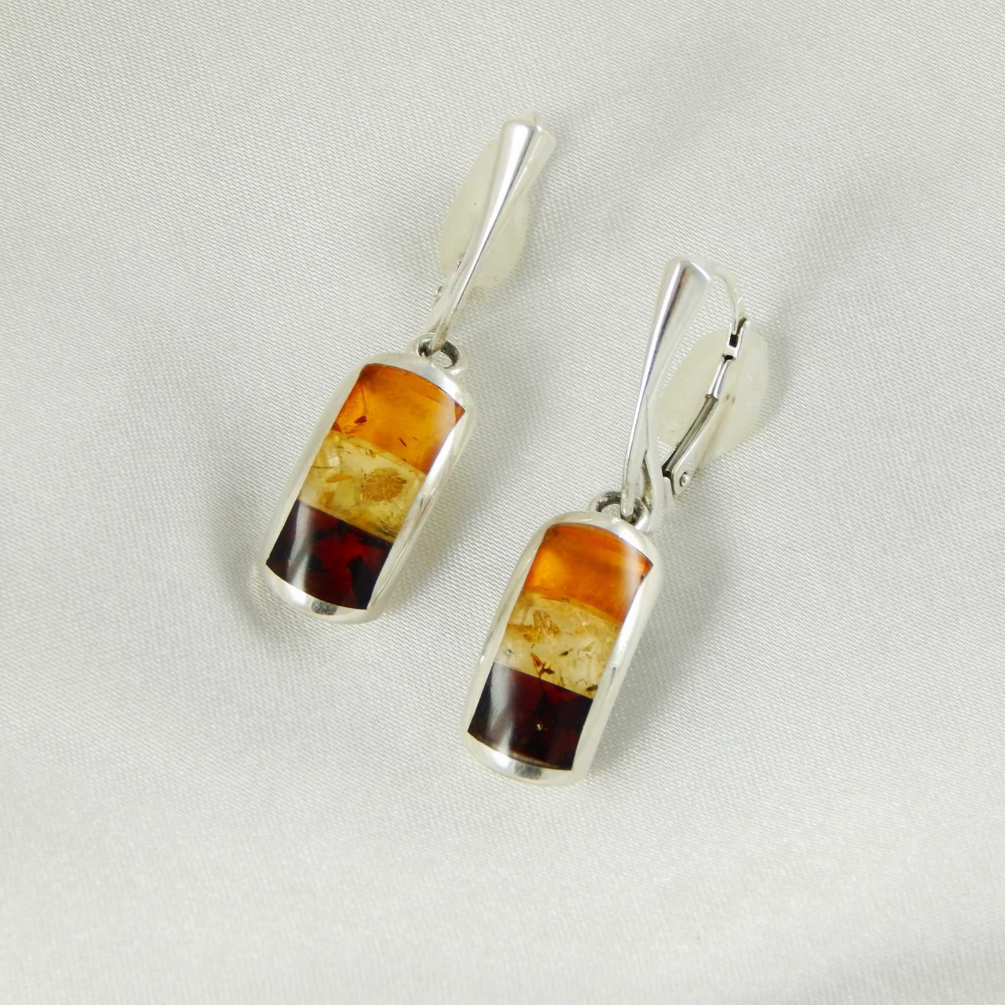 Natural Baltic Amber Mosaic Dangle Earrings in 925 Sterling Silver