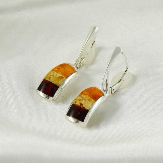 Natural Baltic Amber Mosaic Dangle Earrings in 925 Sterling Silver