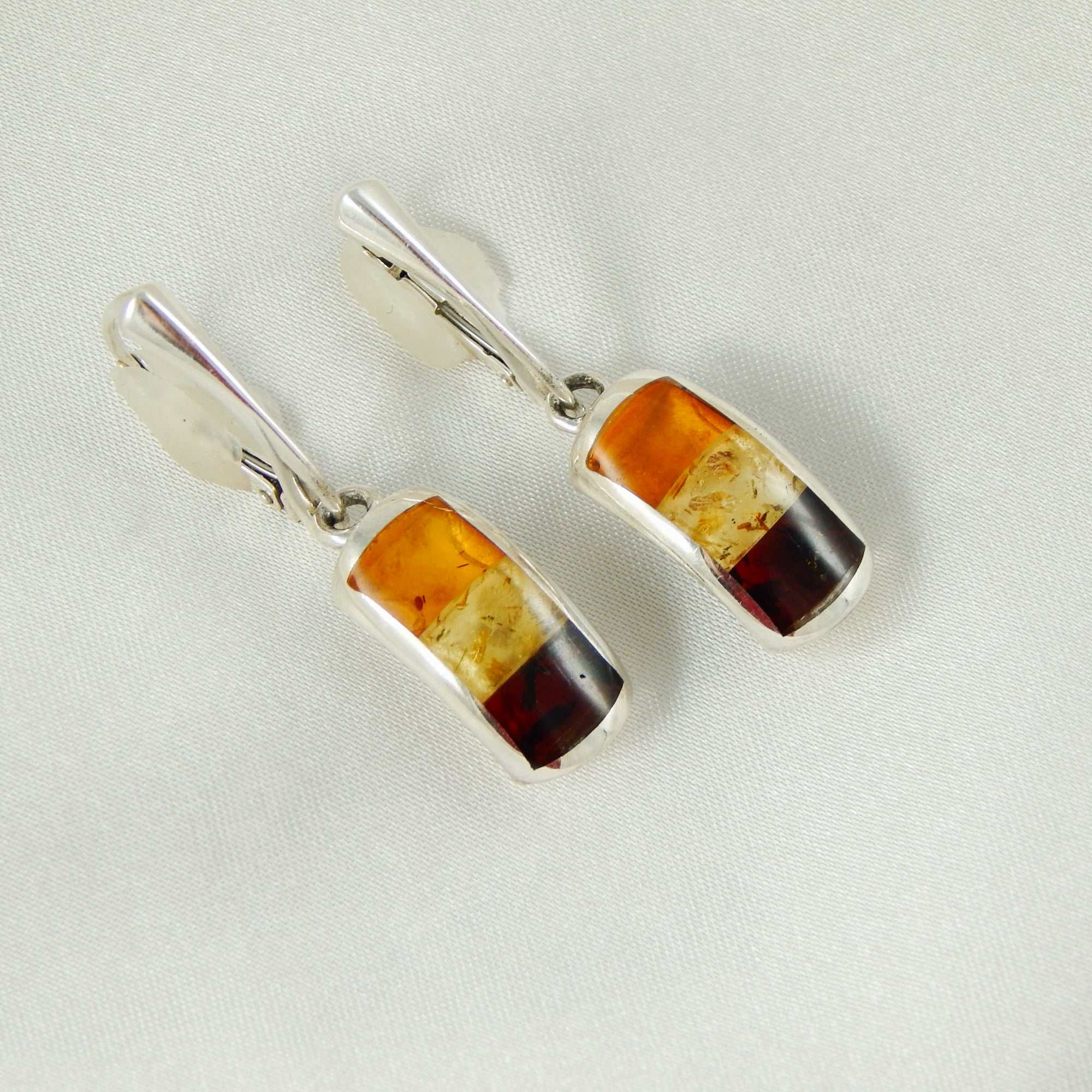 Natural Baltic Amber Mosaic Dangle Earrings in 925 Sterling Silver