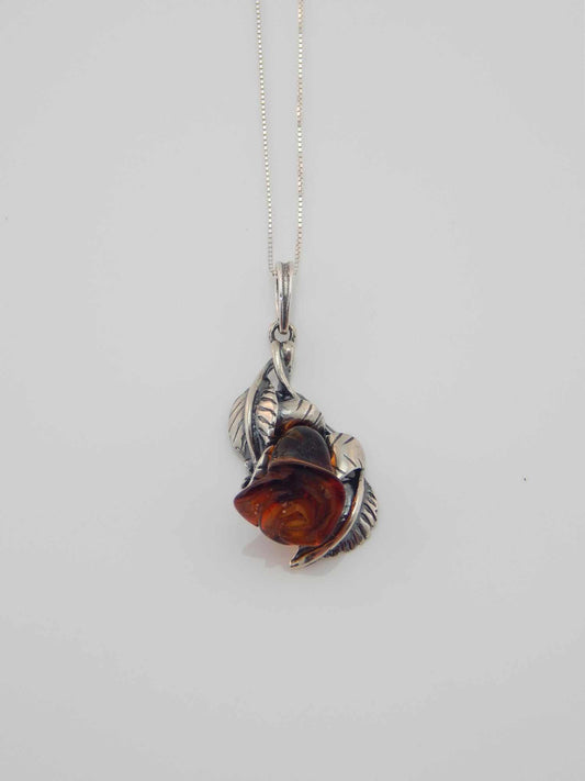 Natural Baltic Dark Cognac Amber Handmade Rose Pendant Necklace in 925 Sterling Silver