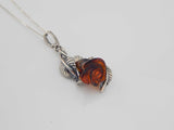 Natural Baltic Dark Cognac Amber Handmade Rose Pendant Necklace in 925 Sterling Silver