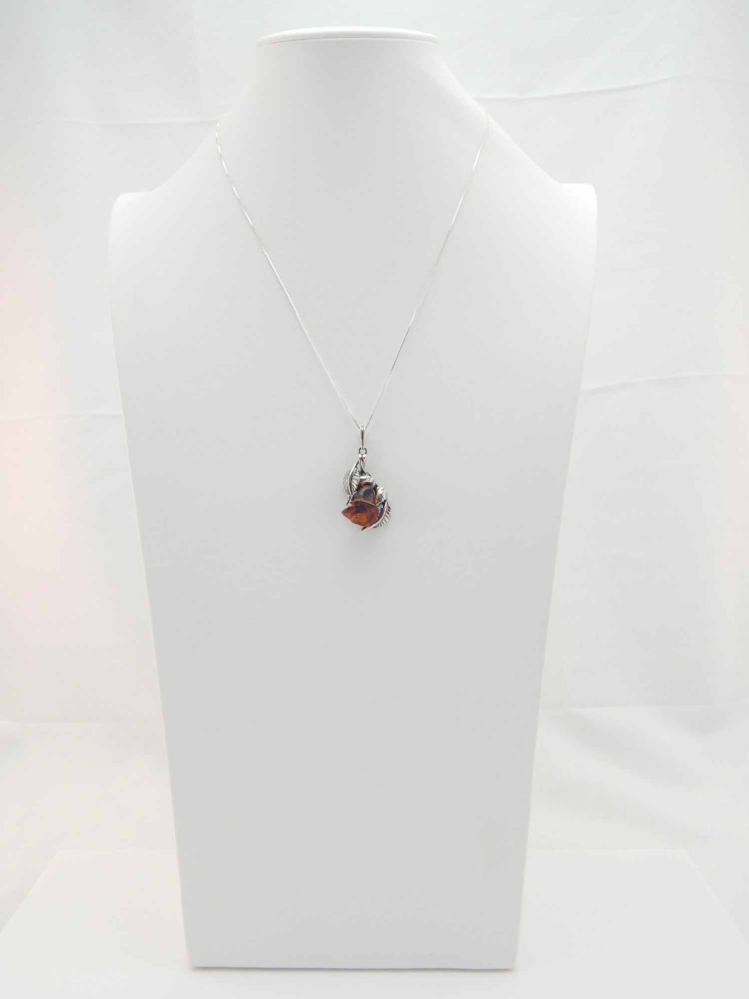 Natural Baltic Dark Cognac Amber Handmade Rose Pendant Necklace in 925 Sterling Silver