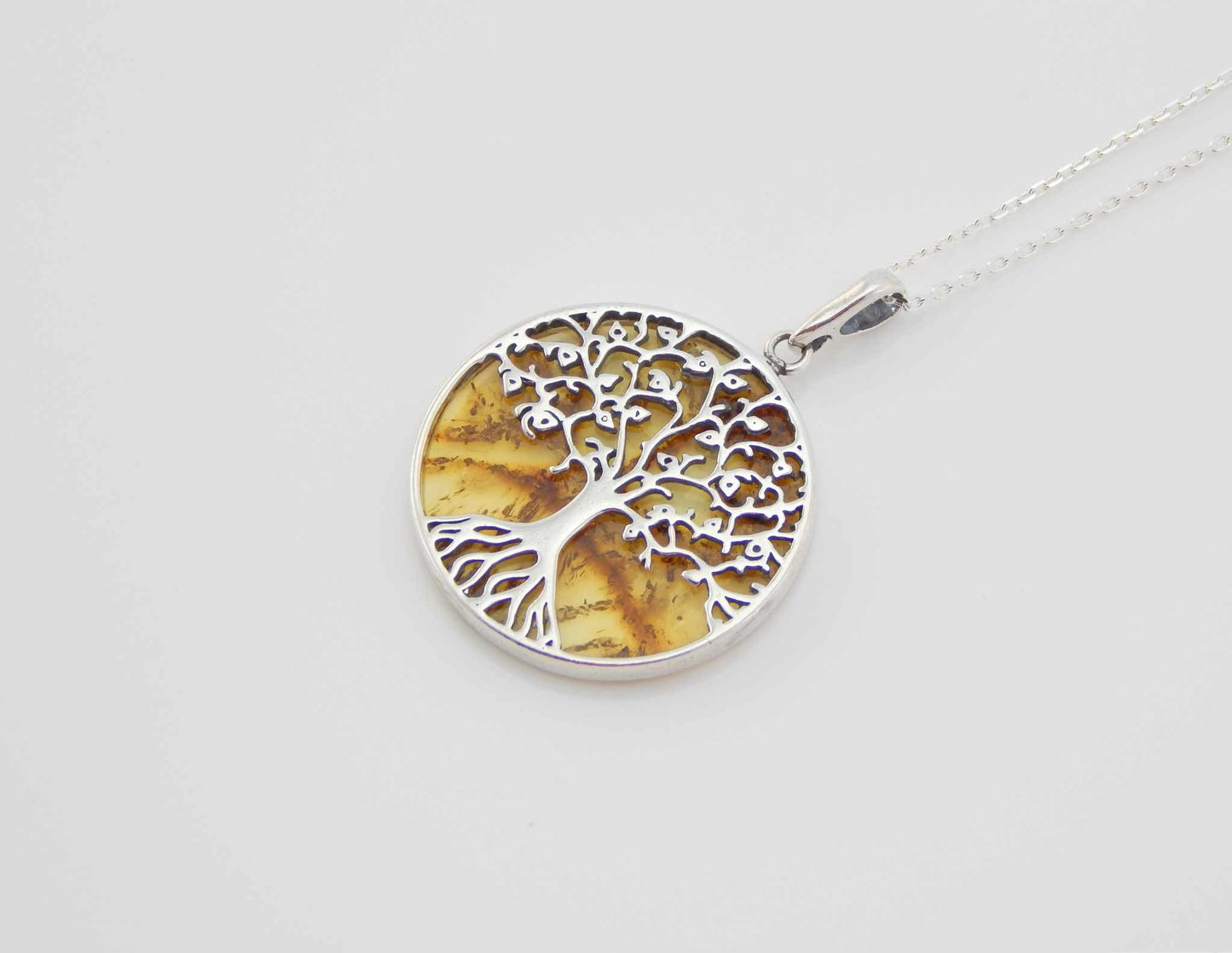 Natural Baltic Lemon Amber Tree Of Life Pendant Necklace in 925 Sterling Silver