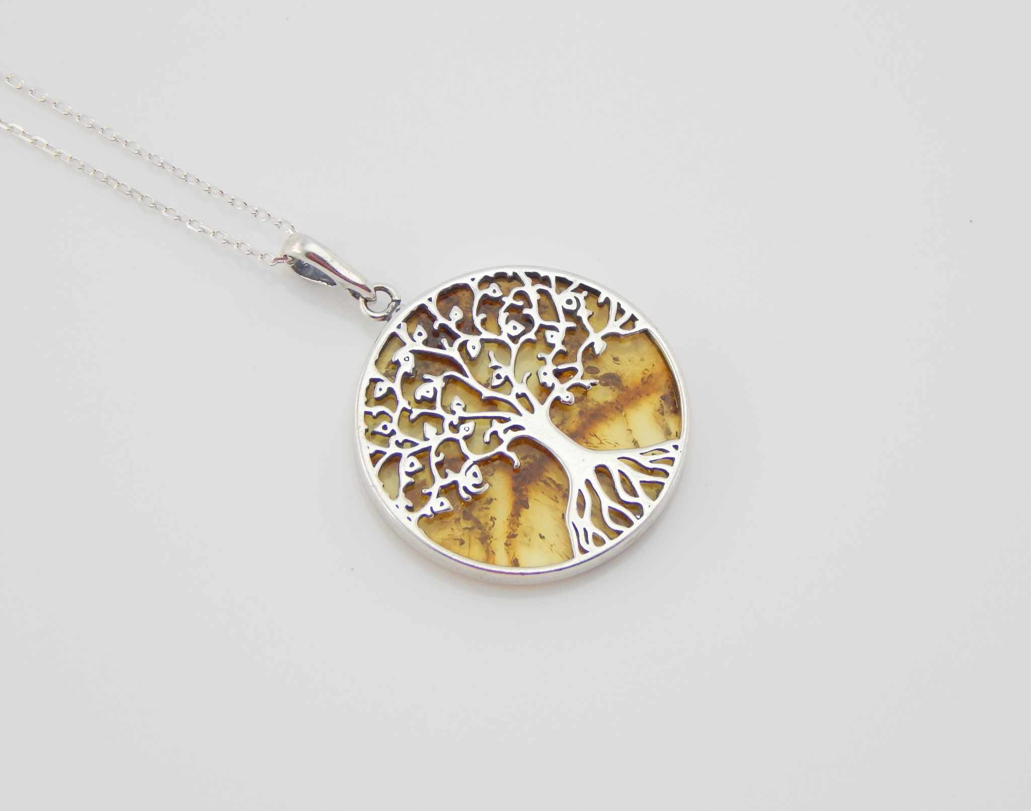 Natural Baltic Lemon Amber Tree Of Life Pendant Necklace in 925 Sterling Silver