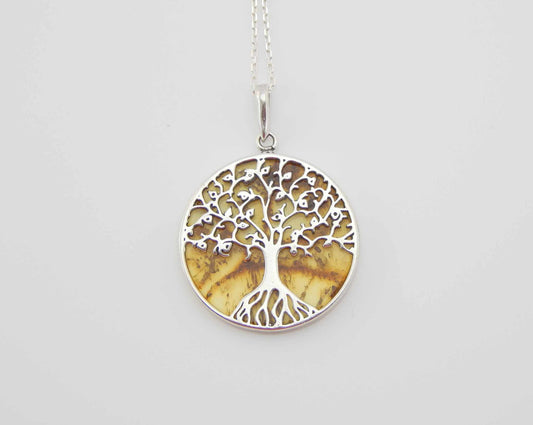 Natural Baltic Lemon Amber Tree Of Life Pendant Necklace in 925 Sterling Silver