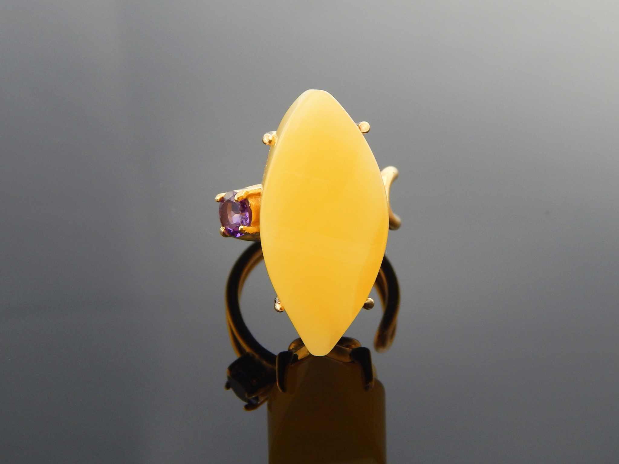 Natural Baltic Butterscotch Amber and Amethyst Handmade Ring in 14k Gold Plated S925