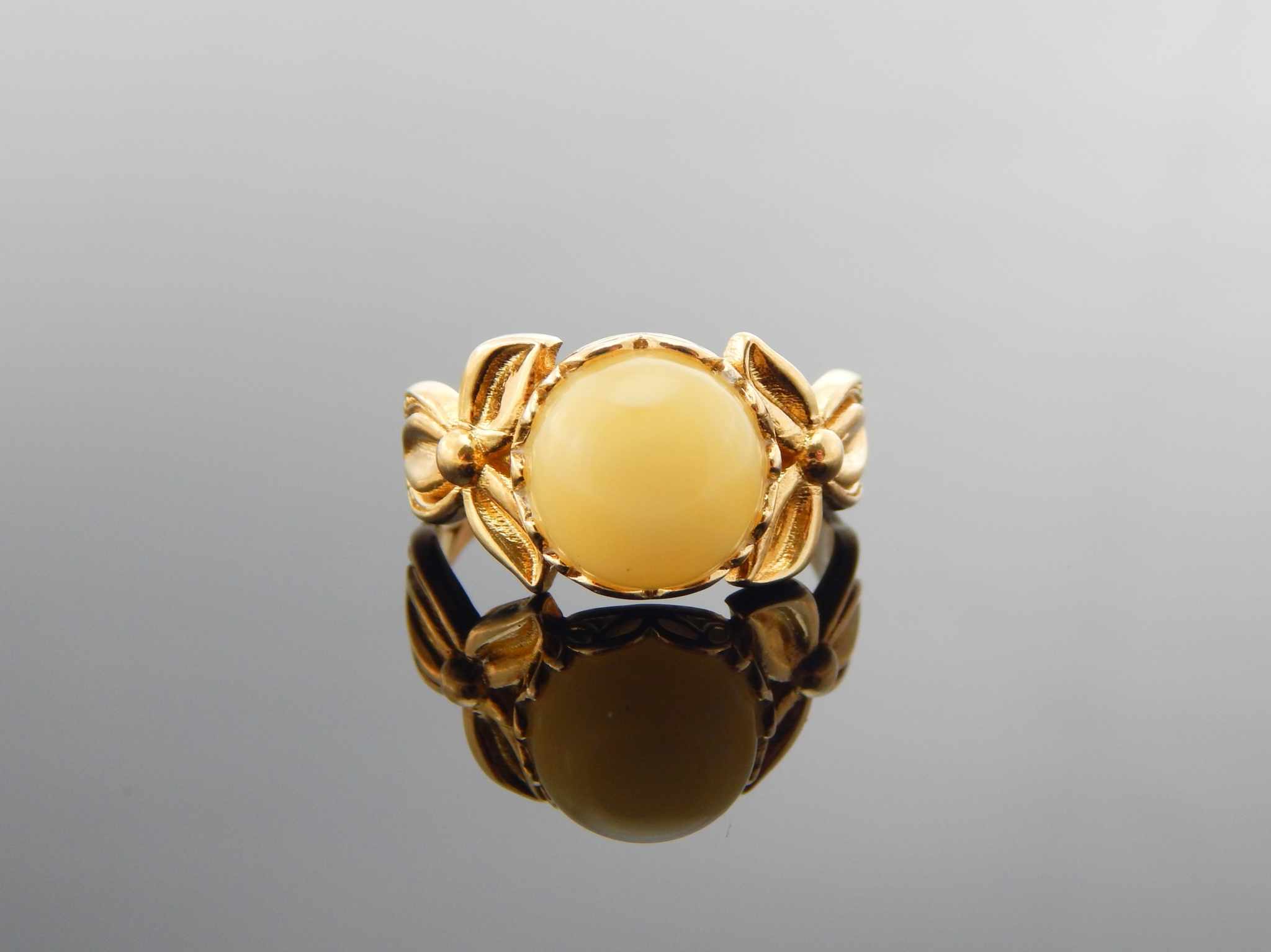 Natural Baltic Butterscotch Amber Royal Flower Adjustable Ring in 14k Gold Plated s925