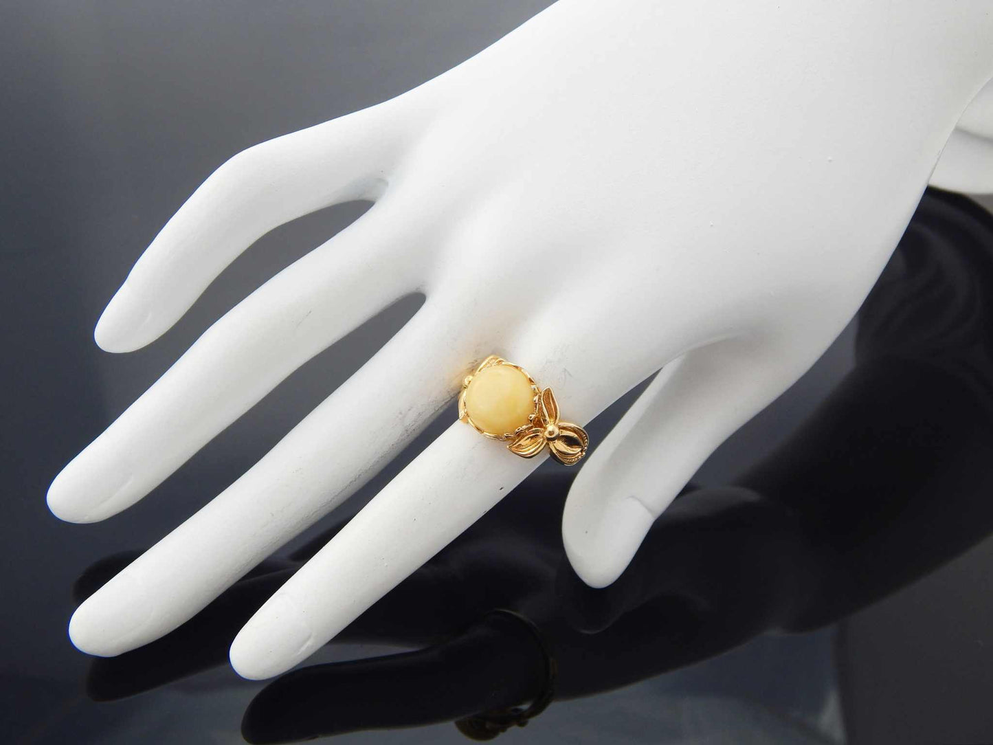 Natural Baltic Butterscotch Amber Royal Flower Adjustable Ring in 14k Gold Plated s925