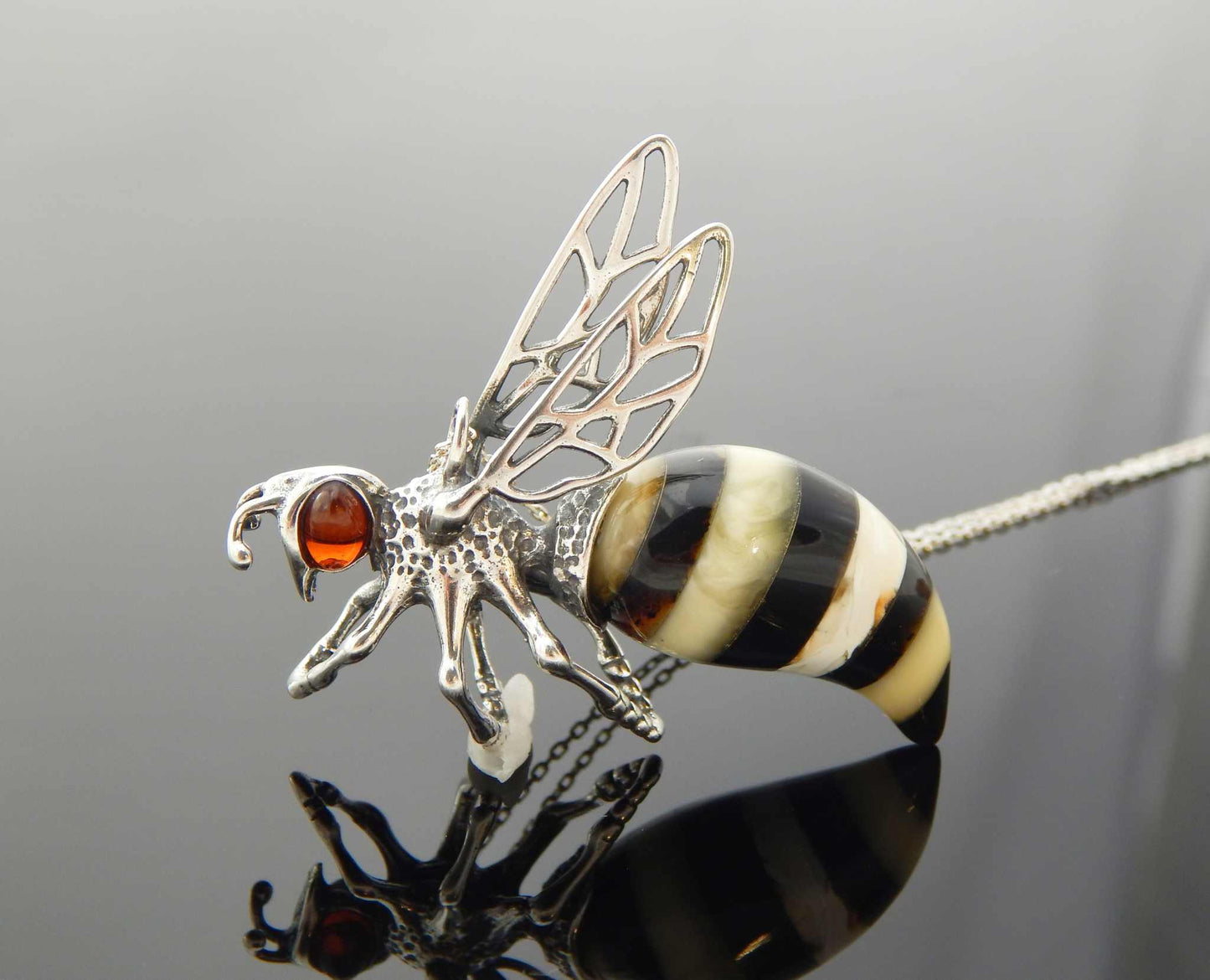 Natural Baltic Amber Bumble Bee Pendant in 925 Sterling Silver