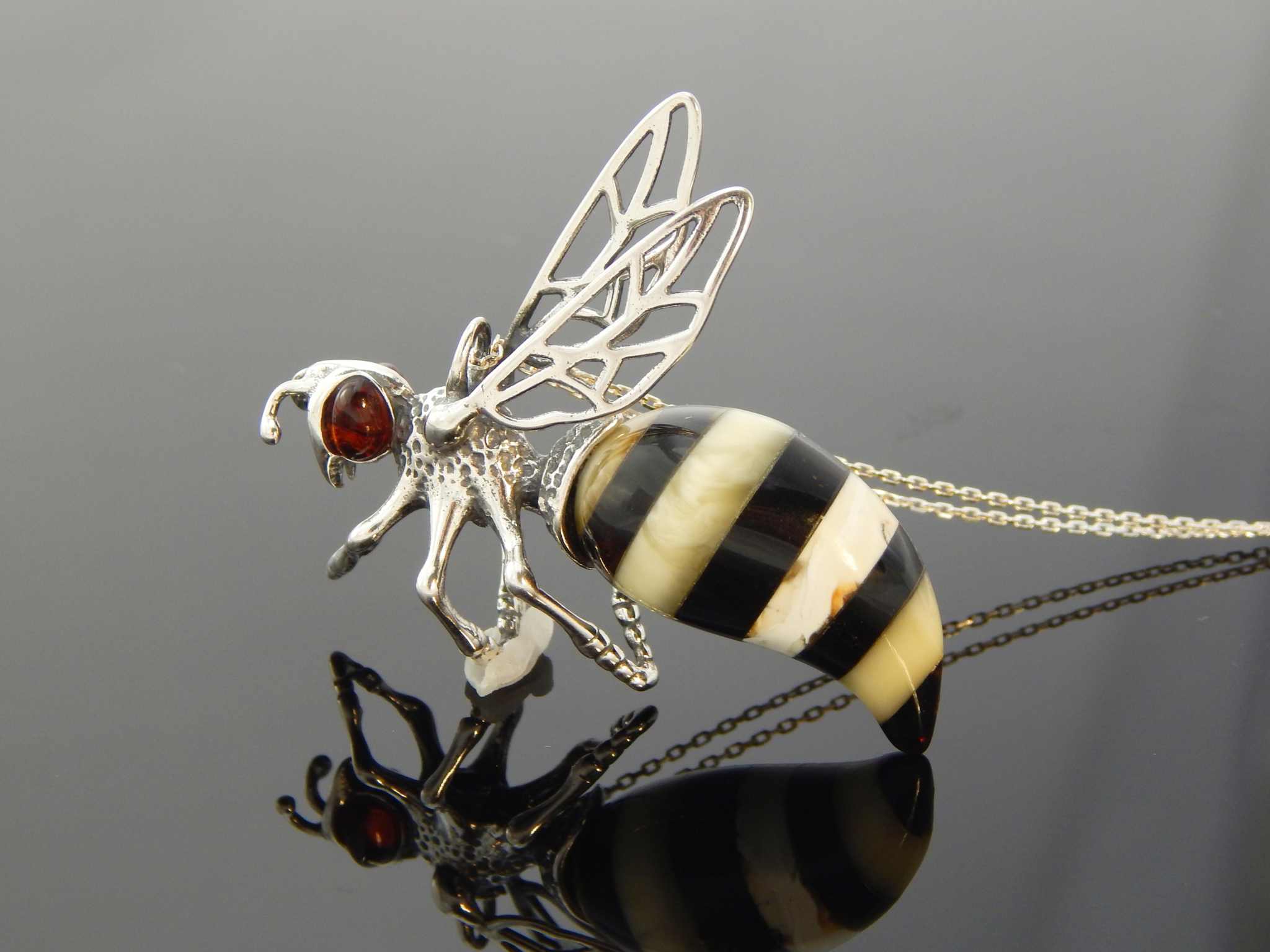 Natural Baltic Amber Bumble Bee Pendant in 925 Sterling Silver