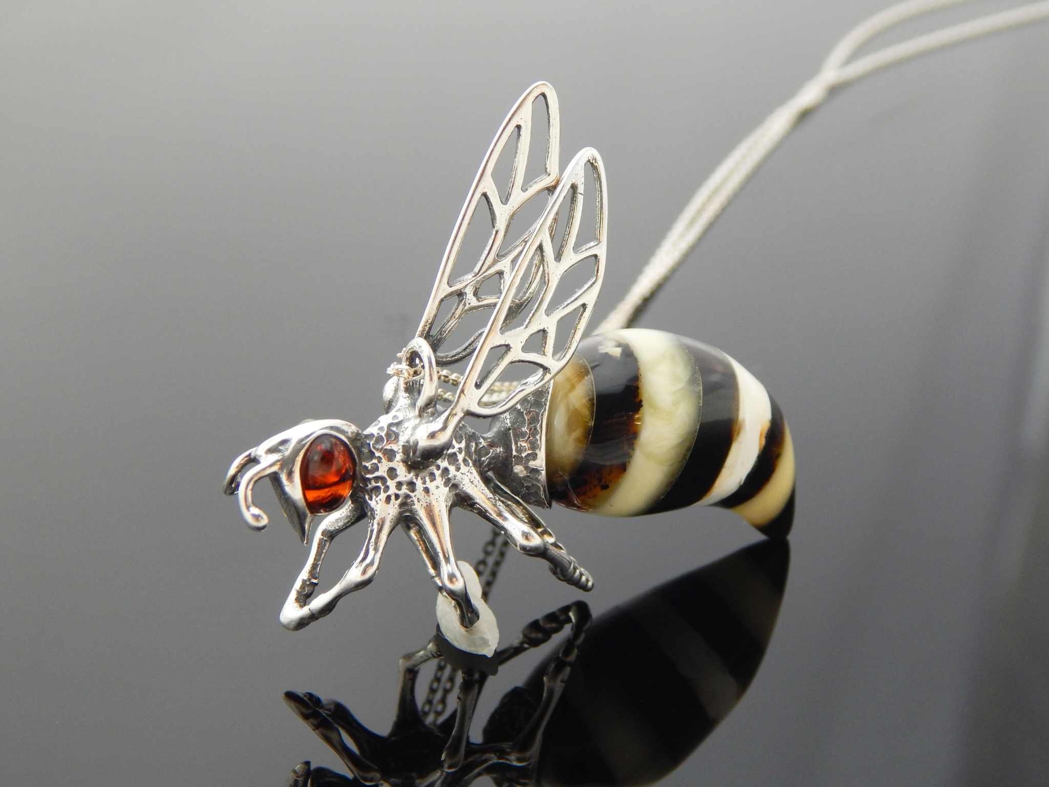 Natural Baltic Amber Bumble Bee Pendant in 925 Sterling Silver