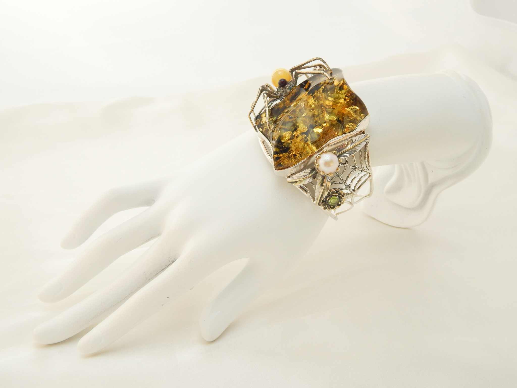 Natural Baltic Green and Lemon Amber Spider Web Bracelet in 925 Sterling Silver