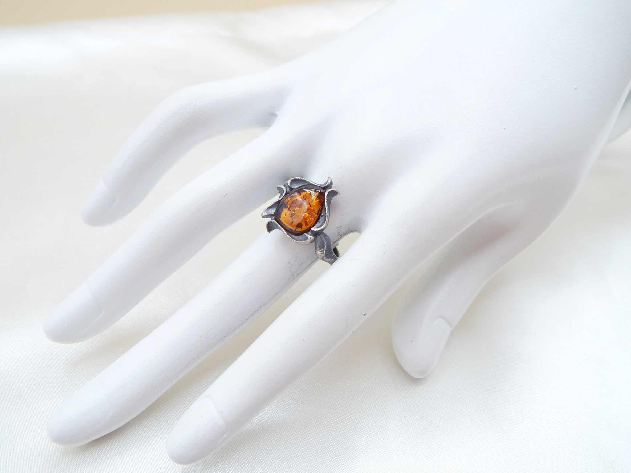 Natural Baltic Cognac Amber Viking Ring in 925 Sterling Silver