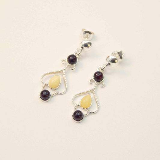 Natural Baltic Butterscotch and Cherry Amber Queen of Hearts Earrings in 925 Sterling Silver