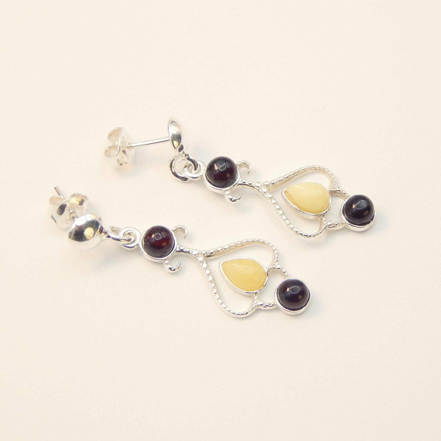 Natural Baltic Butterscotch and Cherry Amber Queen of Hearts Earrings in 925 Sterling Silver