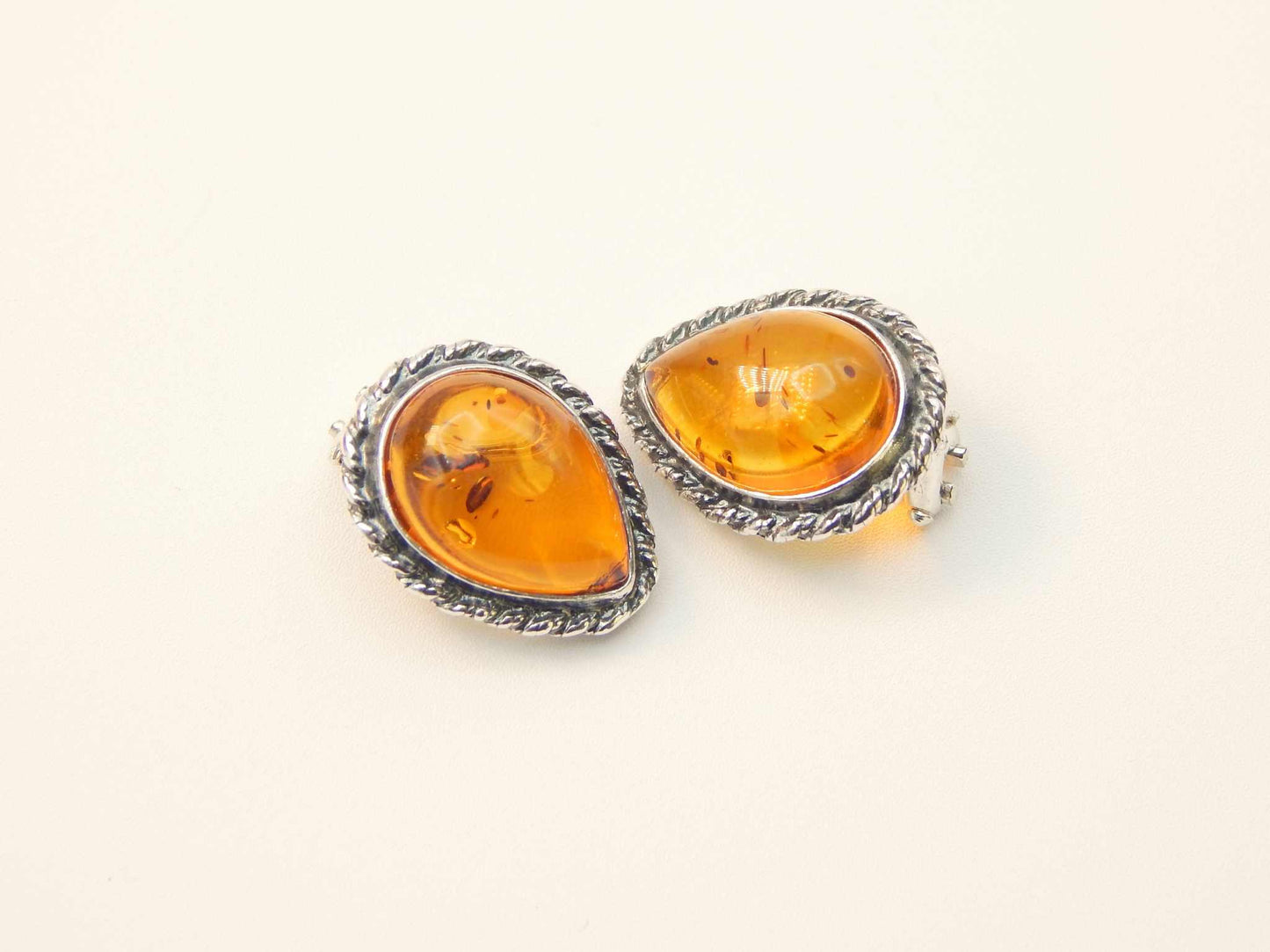 Natural Baltic Cognac Amber Pear Cut Clip On Earrings in 925 Sterling Silver