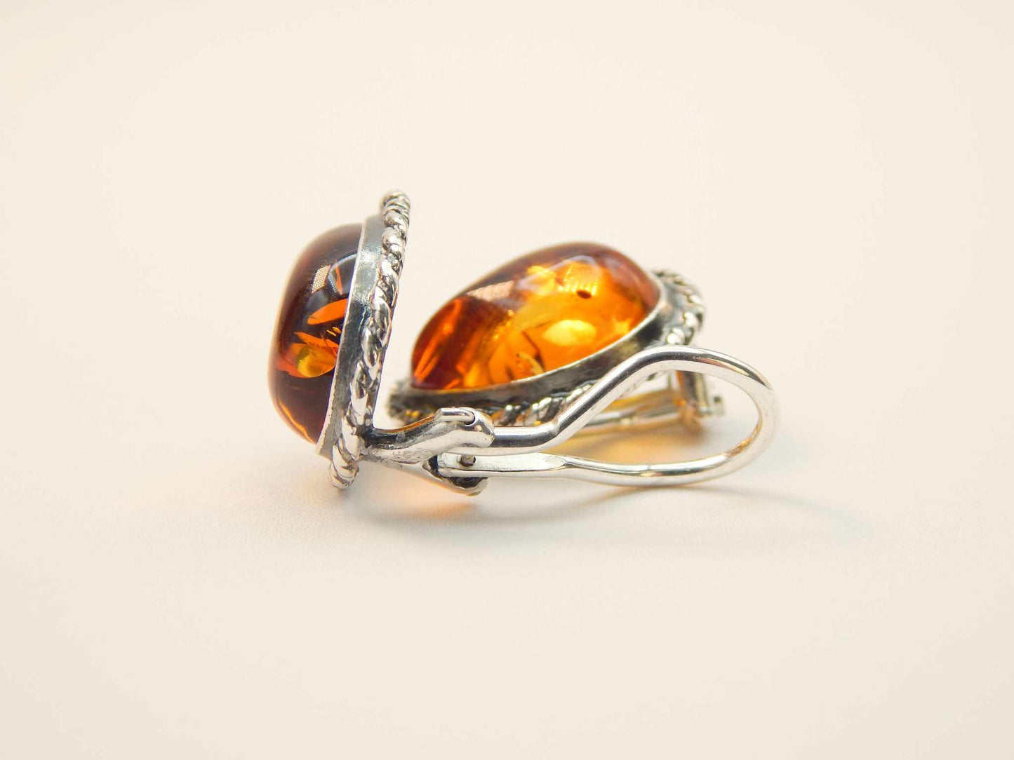 Natural Baltic Cognac Amber Pear Cut Clip On Earrings in 925 Sterling Silver