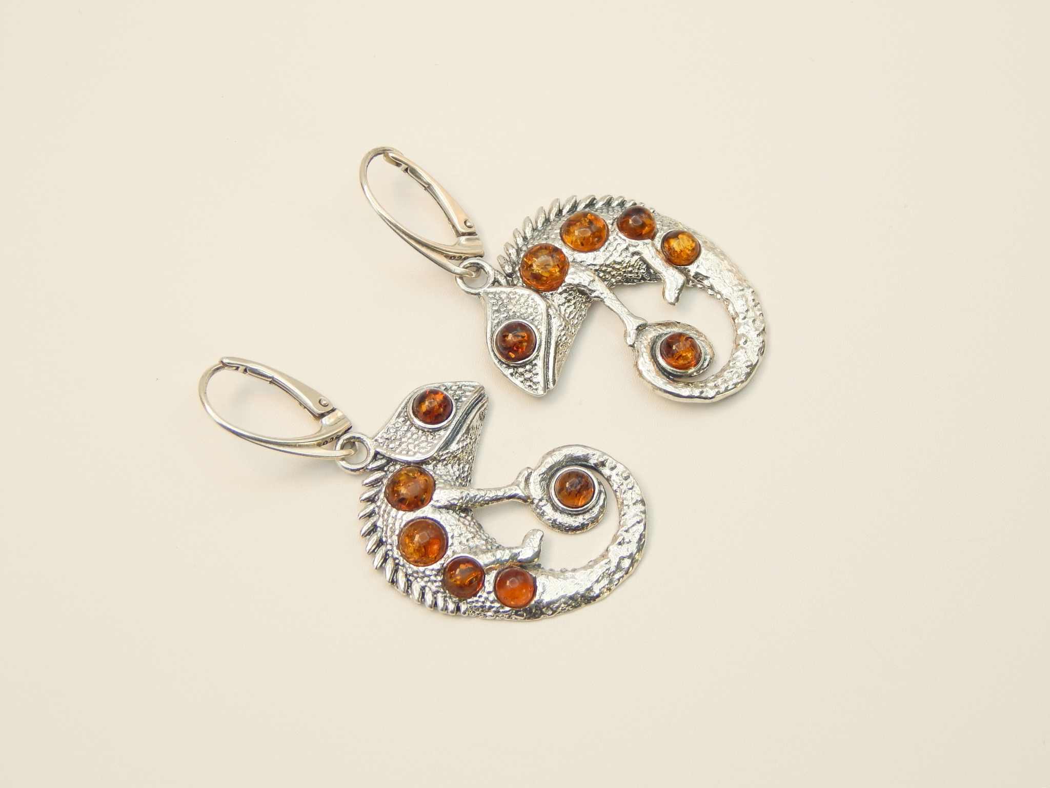 Natural Baltic Cognac Amber Chameleon Dangle Earrings in 925 Sterling Silver