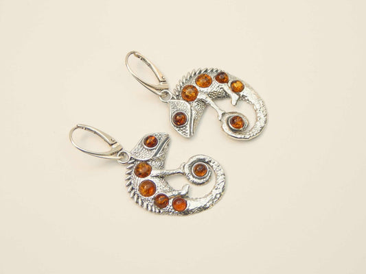 Natural Baltic Cognac Amber Chameleon Dangle Earrings in 925 Sterling Silver