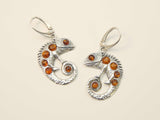 Natural Baltic Cognac Amber Chameleon Dangle Earrings in 925 Sterling Silver