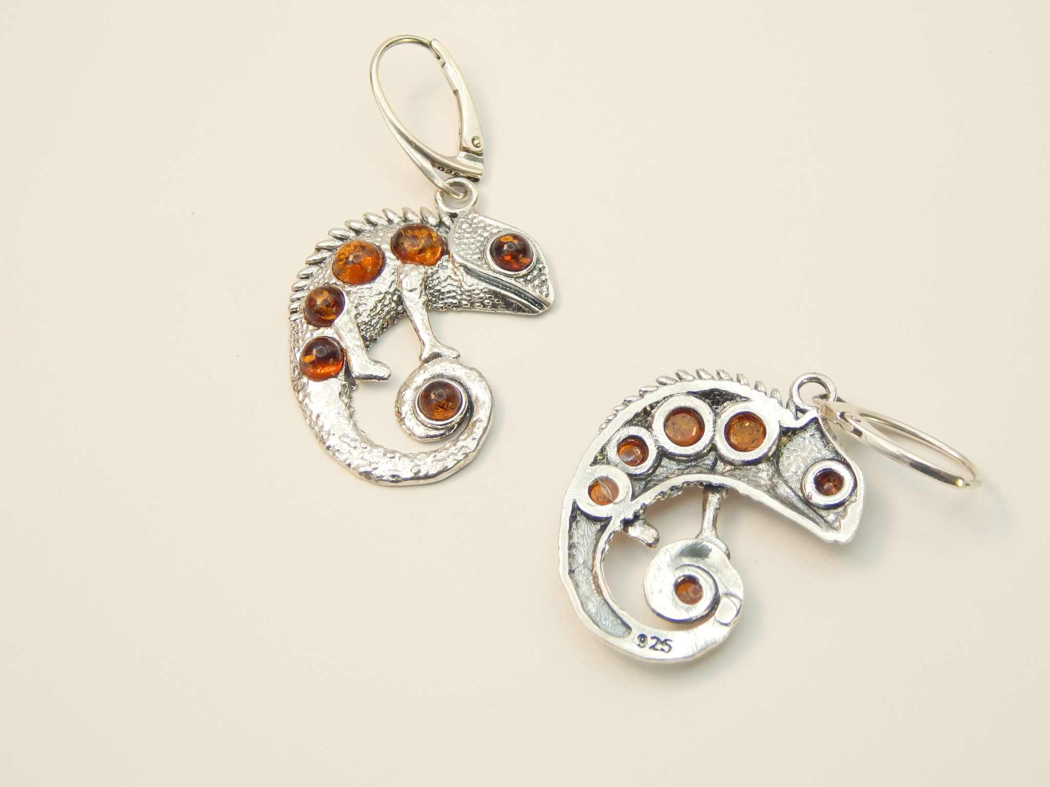 Natural Baltic Cognac Amber Chameleon Dangle Earrings in 925 Sterling Silver