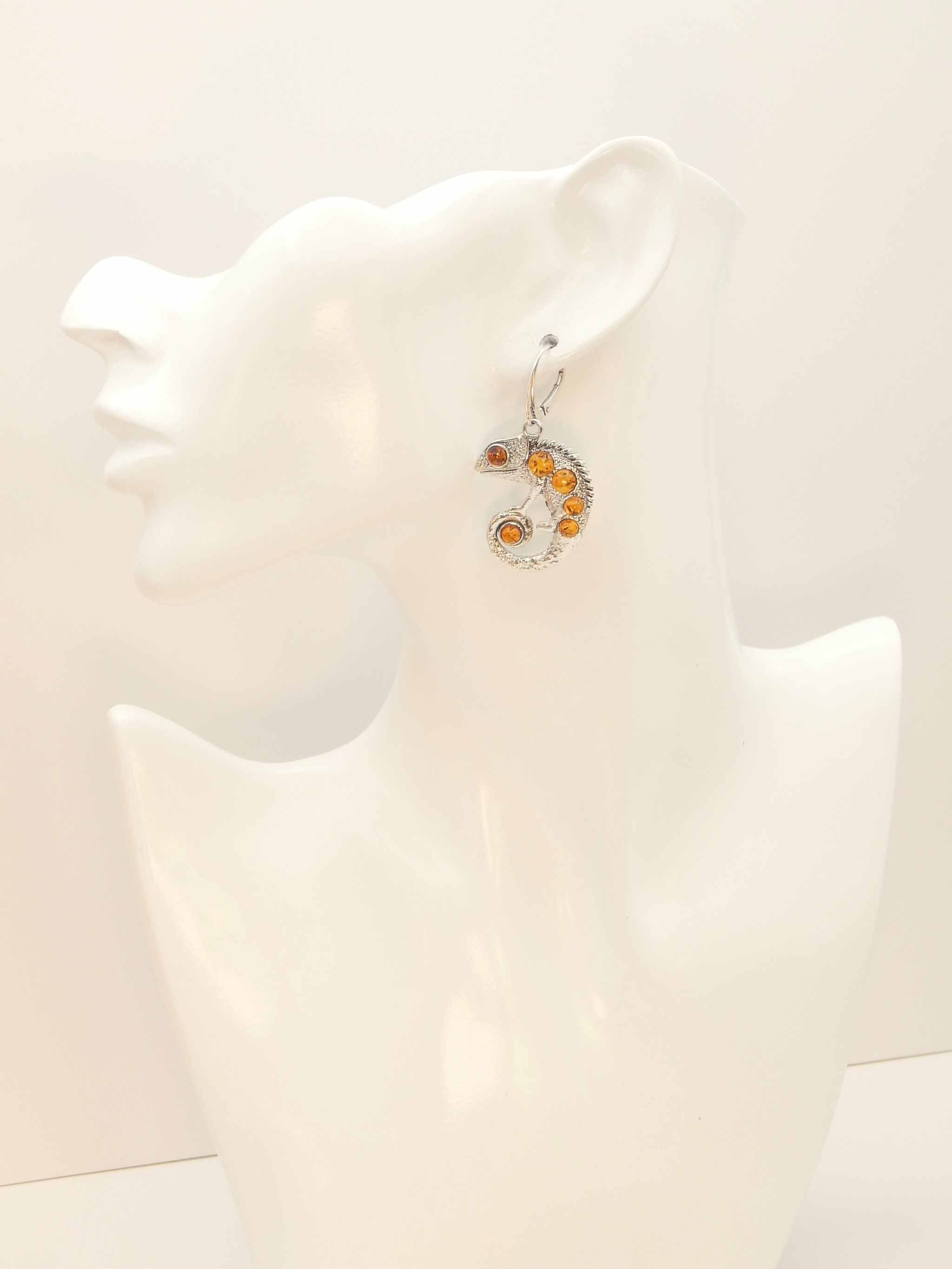 Natural Baltic Cognac Amber Chameleon Dangle Earrings in 925 Sterling Silver