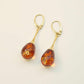 Natural Baltic Cognac Amber Teardrop Earrings in 14k Gold Plated 925 Sterling Silver