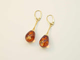 Natural Baltic Cognac Amber Teardrop Earrings in 14k Gold Plated 925 Sterling Silver