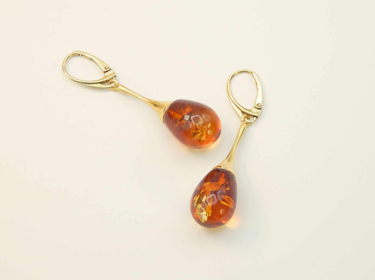 Natural Baltic Cognac Amber Teardrop Earrings in 14k Gold Plated 925 Sterling Silver