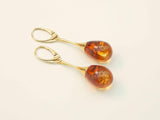 Natural Baltic Cognac Amber Teardrop Earrings in 14k Gold Plated 925 Sterling Silver