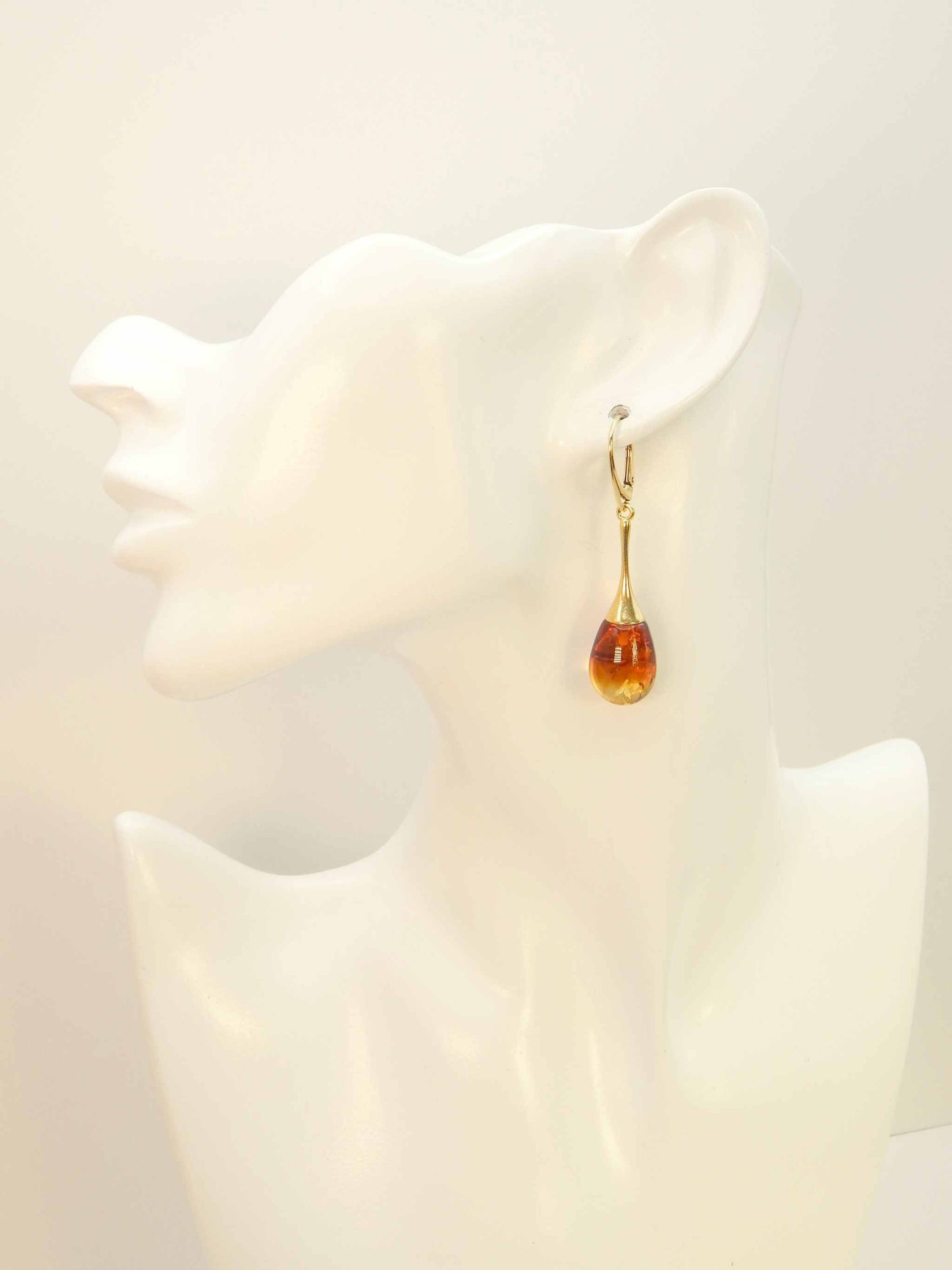 Natural Baltic Cognac Amber Teardrop Earrings in 14k Gold Plated 925 Sterling Silver