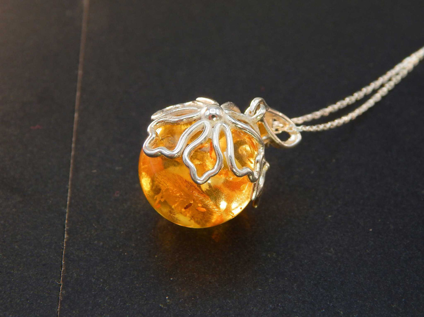 Natural Baltic Lemon Amber Sphere Floral Pendant in 925 Sterling Silver