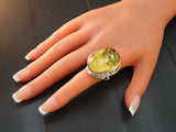 Natural Baltic Green Amber Floral Adjustable Ring in 925 Sterling Silver