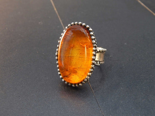 Handmade Natural Baltic Cognac Amber Unisex Brutalist Ring in 925 Sterling Silver