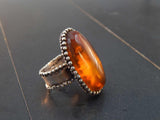 Handmade Natural Baltic Cognac Amber Unisex Brutalist Ring in 925 Sterling Silver