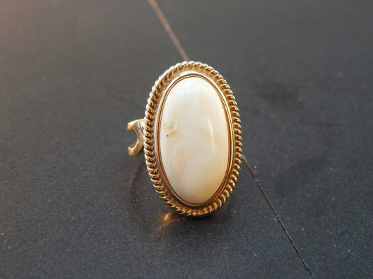 Natural Baltic Rare White Amber Victorian Ring in 14k Gold Plated s925