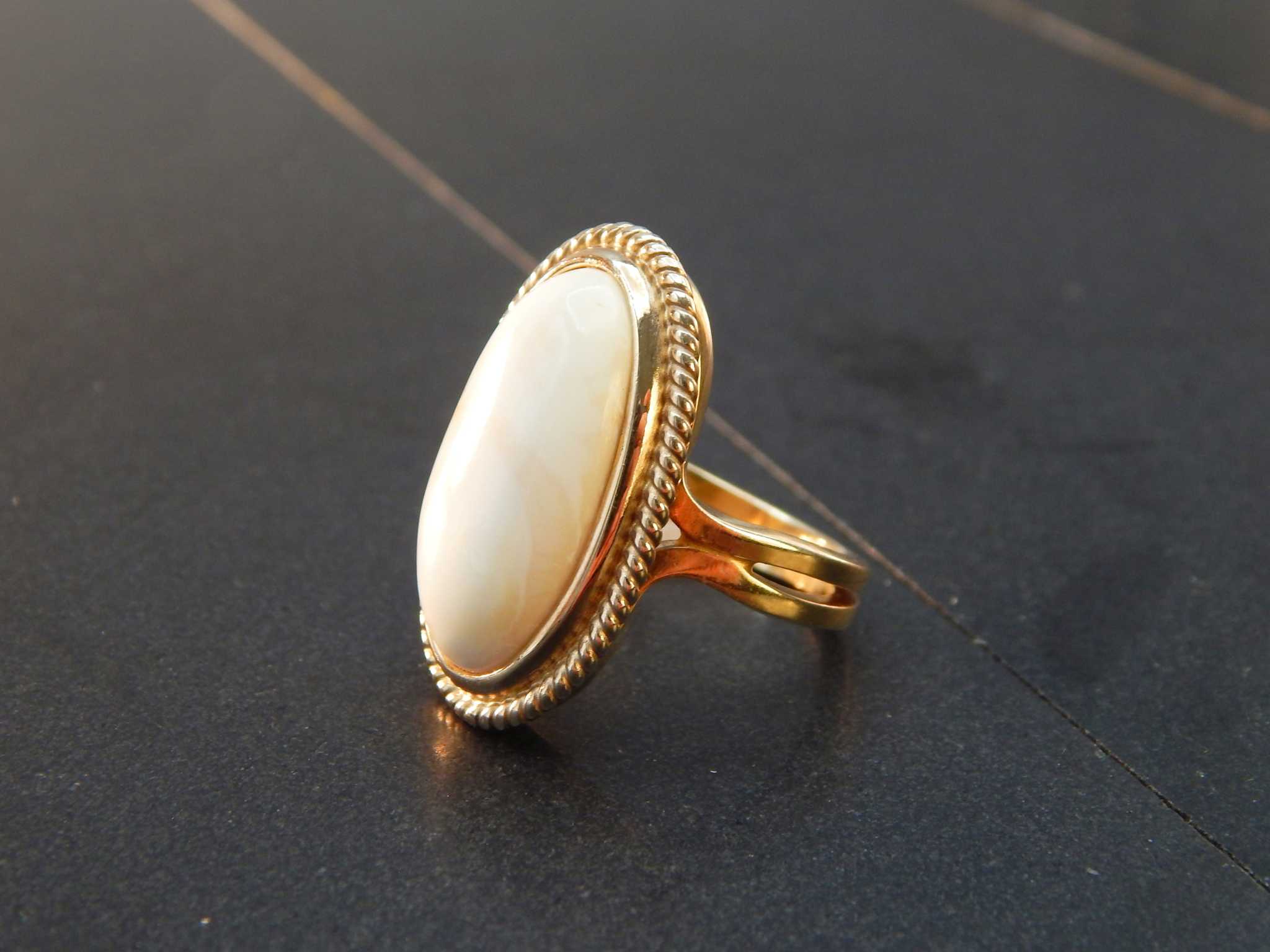 Natural Baltic Rare White Amber Victorian Ring in 14k Gold Plated s925