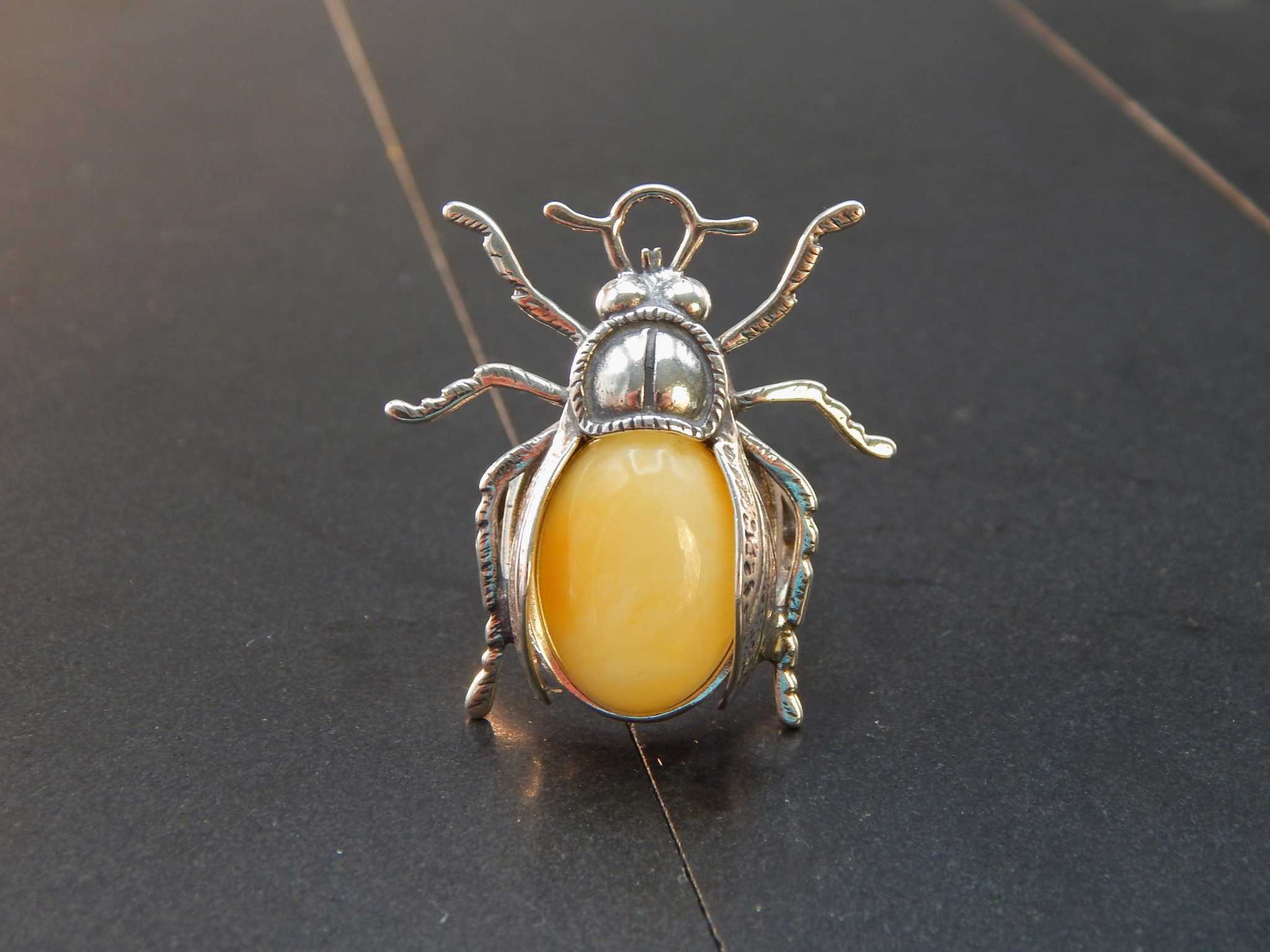 Natural Baltic Butterscotch Amber Adjustable Beetle Ring in 925 Sterling Silver