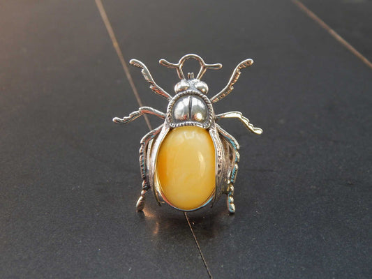 Natural Baltic Butterscotch Amber Adjustable Beetle Ring in 925 Sterling Silver